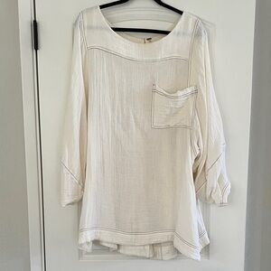 Free People High Low Cream Blouse with Contrast Stitching and Pocket Accent